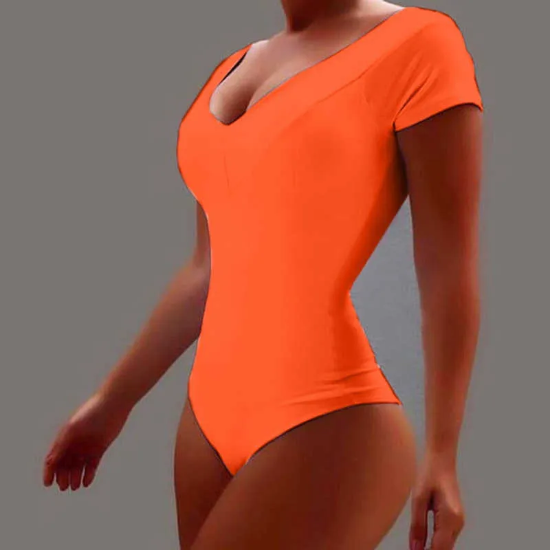 Overalls Frauen Sexy Bodycon Sommer Mode Reine Farbe Kurzarm Tiefem V-ausschnitt Plus Größe Bodysuit Casual Weibliche Overall Y0606