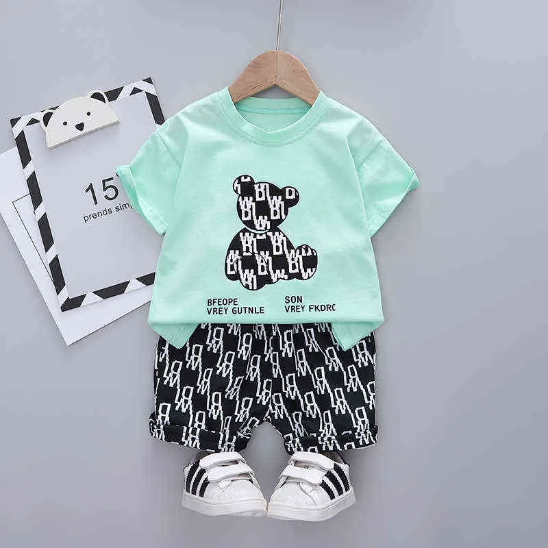 Bonito Criança Meninos / Meninas Verão Infantil 2021 Novo T-shirt do Urso dos Desenhos Animados + Calças Roupas de Algodão Outfits Vestido de Crianças Ropa Bebe Y220310