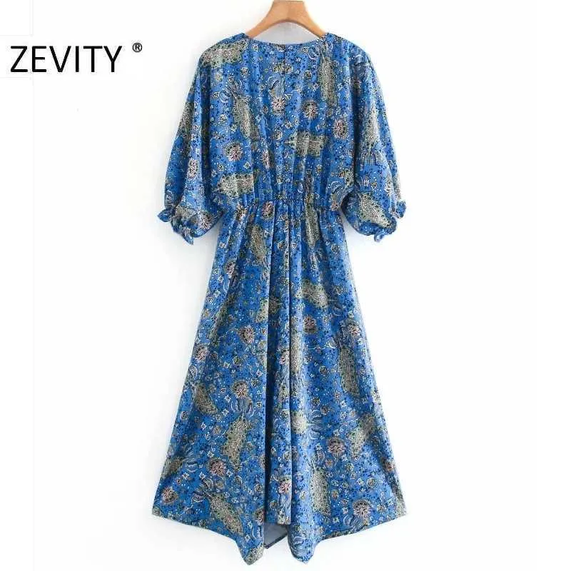 Zevity Women Vintage Totem Flower Print Shirt Dress Lady Batwing Sleeve Casual Kimono Vestido Chic Elastic Waist Dresses DS4508 210603