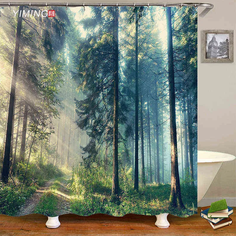 3D printing misty forest bathroom shower curtain green natural landscape home decoration curtain with hook curtain 211116