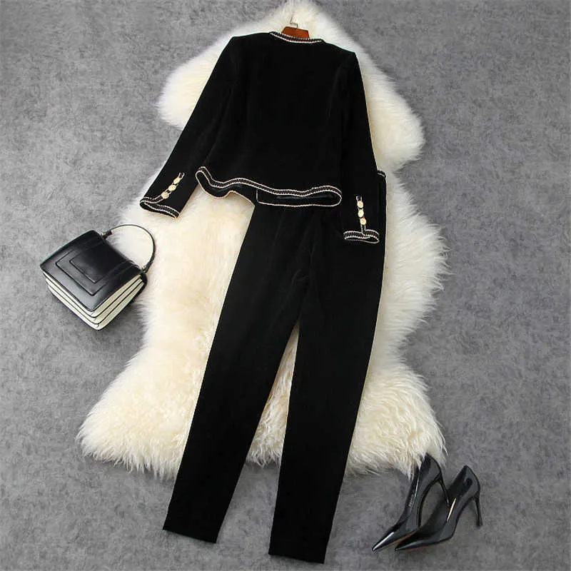 Runway Fashion Fall Winter Trousers Set Women Elegant Full Sleeve Vintage Velour Jacket and Pants Suit Office Outfits 210930