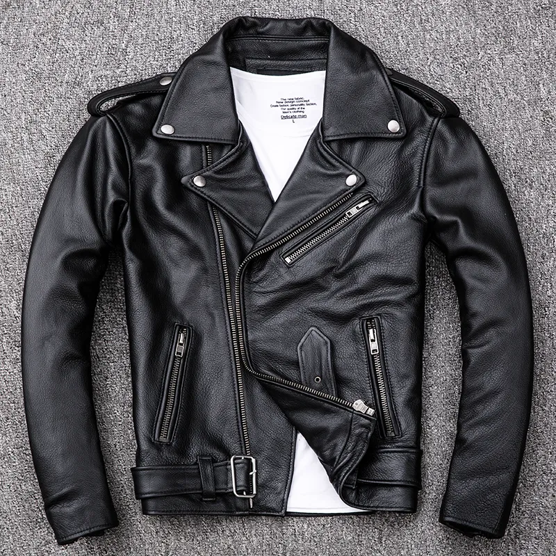 Spring Classical Motorcycle oblique zipper Jackets Men Leather Jacket Natural Calf Skin Thick Slim Cowhide Moto Jacket man