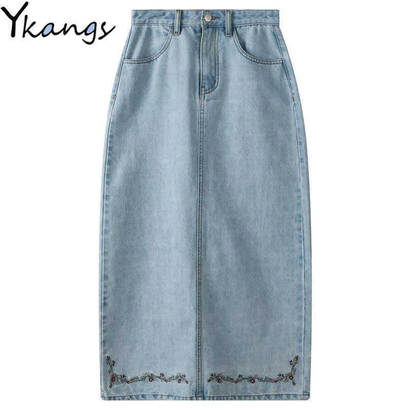 Vintage haft długa dżinsowa spódnica kobiety koreańskie ubrania modowe luźne maxi spódnice koreańskie dżinsy o wysokiej talii Saia Streetwear 210619