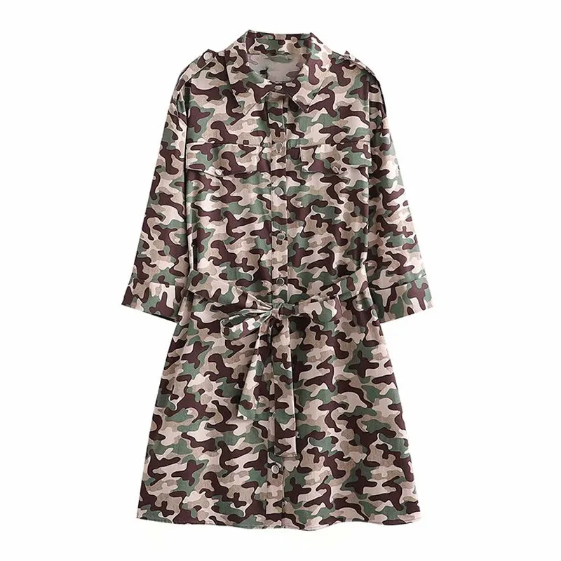 Frauen Sommer Camouflage Mini Shirts Kleid 3/4 Ärmel Schärpen Fliege Weibliche Elegante Mode Straße Kleider Vestidos 210513