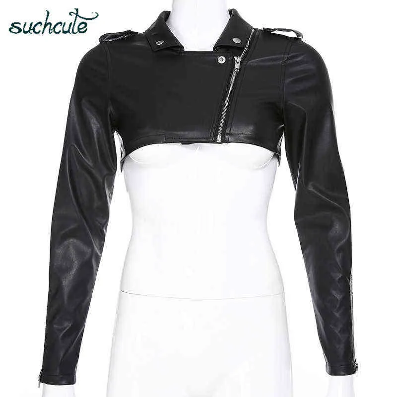 SUCHCUTE PU Leather Coats For Women Jacket With Zipper Casaco Feminino Korean Style Modis Black Autumn Harajuku Coat Female 211029