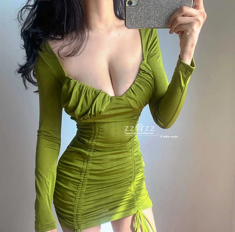 Womengaga francese slash collo grande busto pieghettato con coulisse slim hip verde sexy velluto a maniche lunghe mini abito Corea DT8A 210603