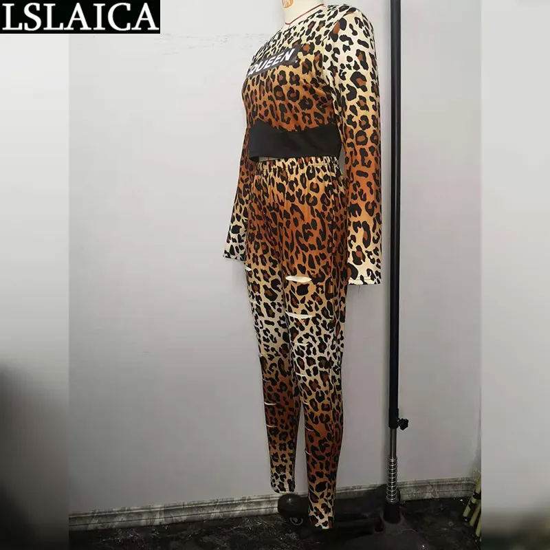 Conjunto de dos piezas para mujer, chándal de cintura elástica con estampado de letras de leopardo, trajes de moda informales para 210520