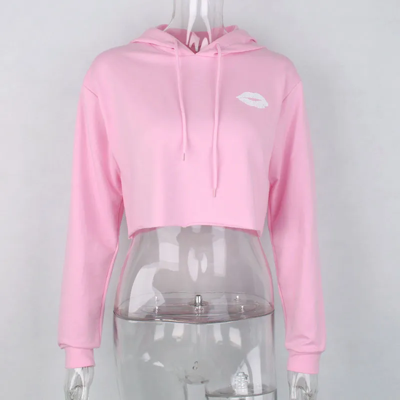 Femmes Hoodies Automne À Manches Longues Crop Tops Casual À Capuche MIGNON Lip Imprimé Sweats Rose Moletom Feminino 210522