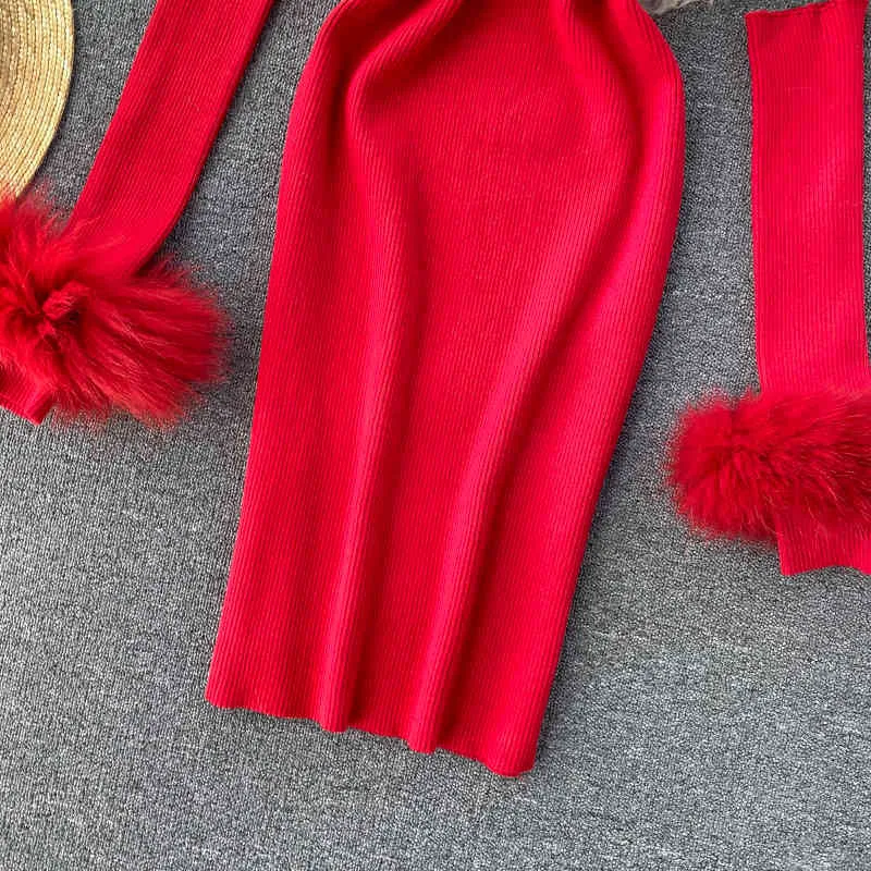 Sexy Off Shoulder Knitted Dress Women Slash Neck Elastic Slim Pencil Dress Autumn Design Plush Sleeves Sweater Dresses 210419