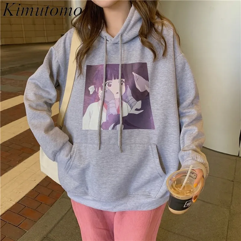 Kimutomo Girls Cartoon Printing Hoodie Spring Japanese Style Retro Long Sleeve All-matching Pullover Ladies Chic Casual 210521