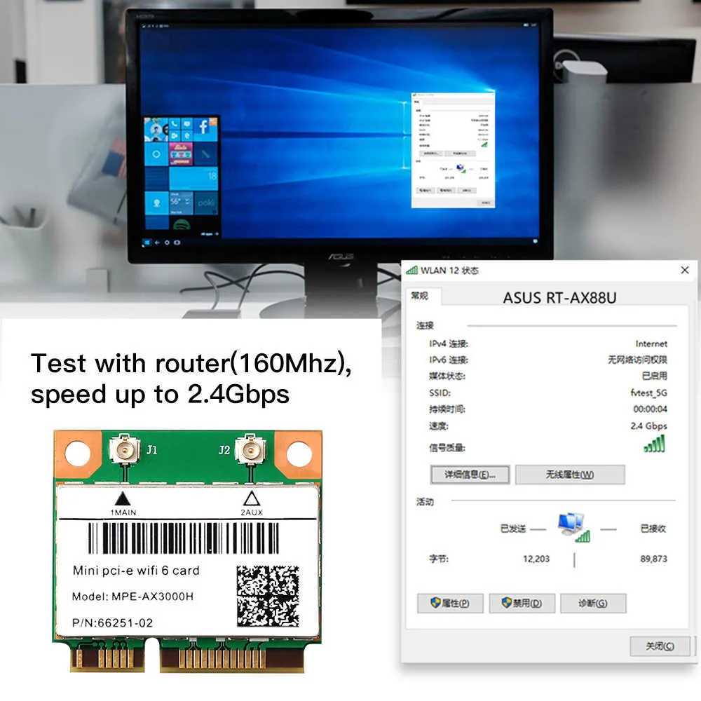 2974Mbps WiFi 6 Wireless Half Mini PCI-E Network WLAN WiFi Card Bluetooth 5.0 802.11AX / AC 2.4G / 5 GHz Adapter MU-MIMO Antena IPEX