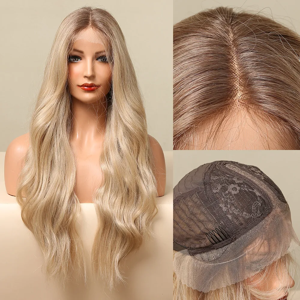 Long Wave Lace Front Wig for Women Brown to Blonde Ombre Synthetic Wigs with Baby Hair High Density Wig Heat Resistantfactory direct