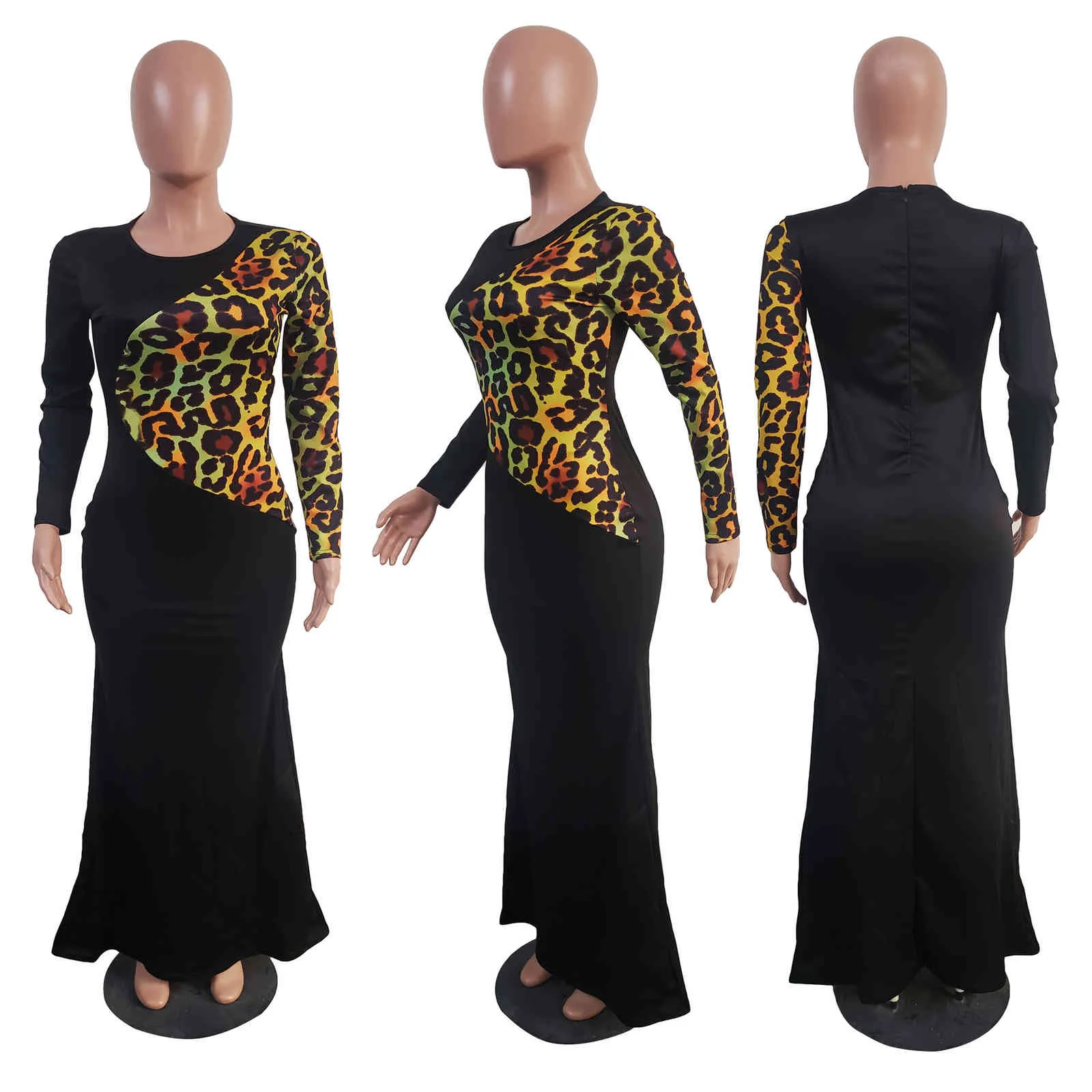 Mulheres Maxi Vestidos Longa Mangas Leopard Impresso Patchwork Slim Elastic Bodycon Moda Africana Feminina Modesta Senhoras Primavera 210416