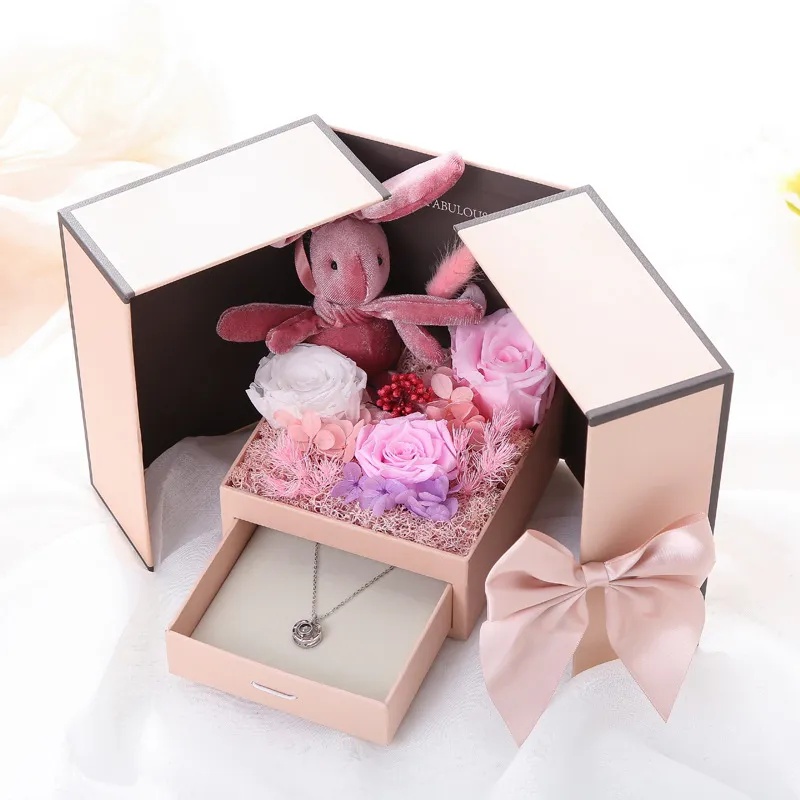 Orso giocattolo Vita eterna Fiore Confezione regalo Doppia porta Collana rosa Scatole regalo Rossetto compleanno San Valentino Regali la mamma
