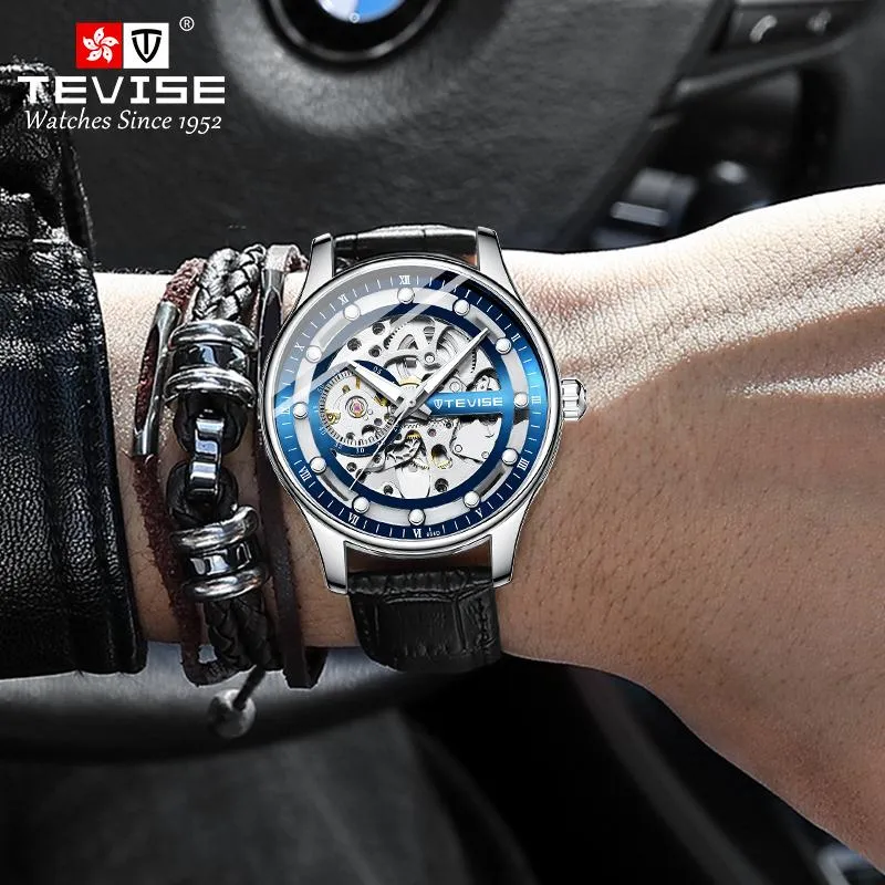 Esqueleto automático mecânico masculino relógio pulseira de couro masculino relógio de pulso superior relógios de pulso226q