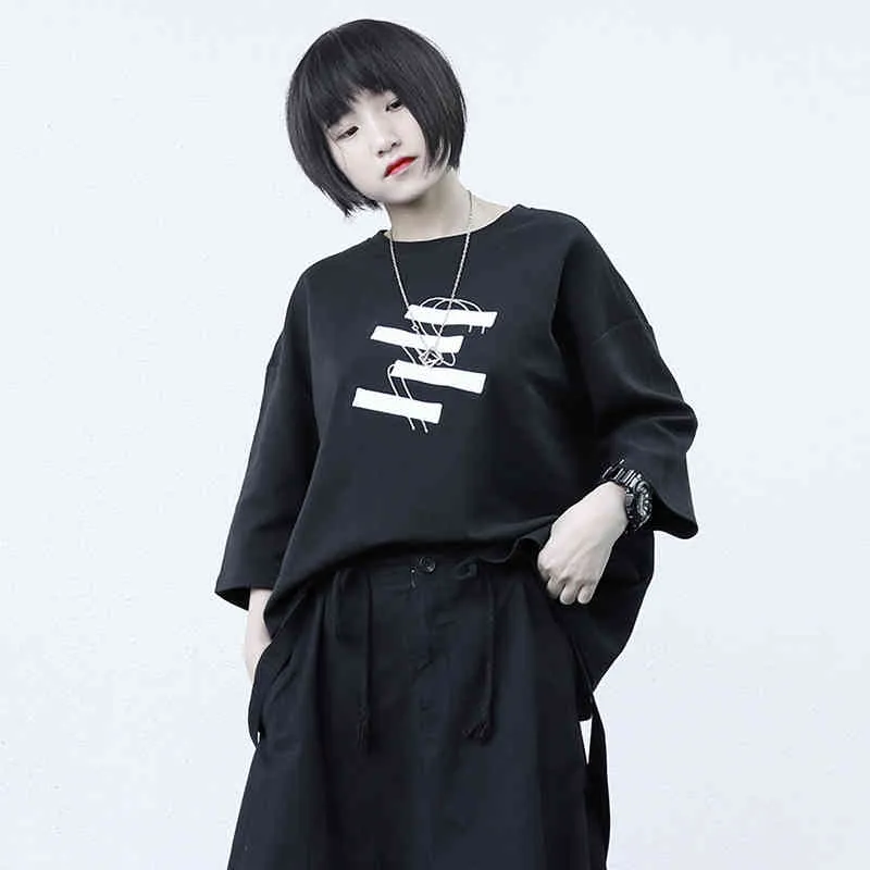 [EAM] femmes noir Patch Designs grande taille broderie T-shirt col rond manches chauve-souris mode printemps été 1DD6695 210512