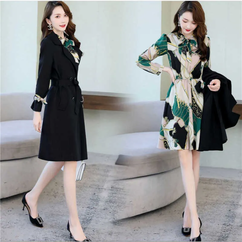 Bahar Sonbahar Trençkot İnce Kadınlar Elbise rüzgar köpükleri artı iki parça set s/elbise211021