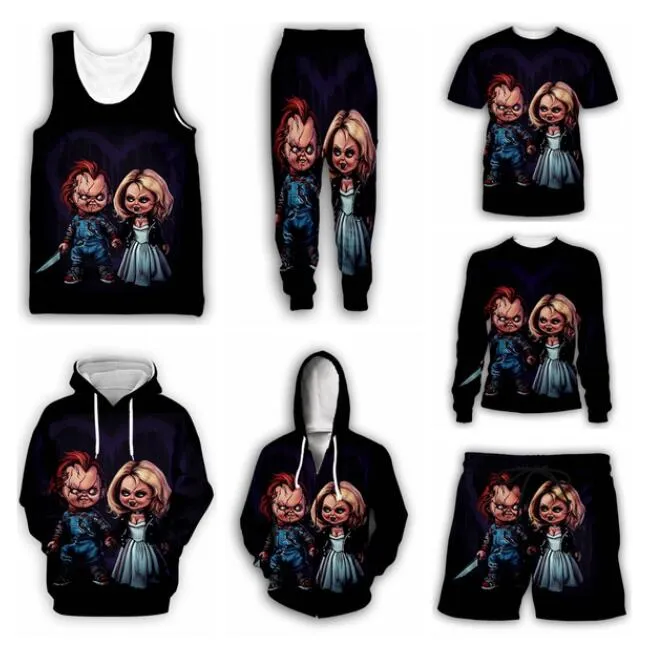 2022 nueva moda película de terror Chucky impresión 3D hombres/mujeres pantalones cortos casuales/pantalones/camiseta/chaleco/sudadera/sudaderas con capucha/sudaderas con cremallera G88