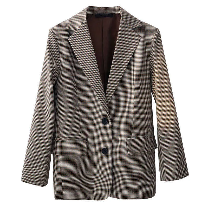 High quality ladies blazer loose Fall style casual long-sleeved retro small suit Slim mid-length check coat 210527