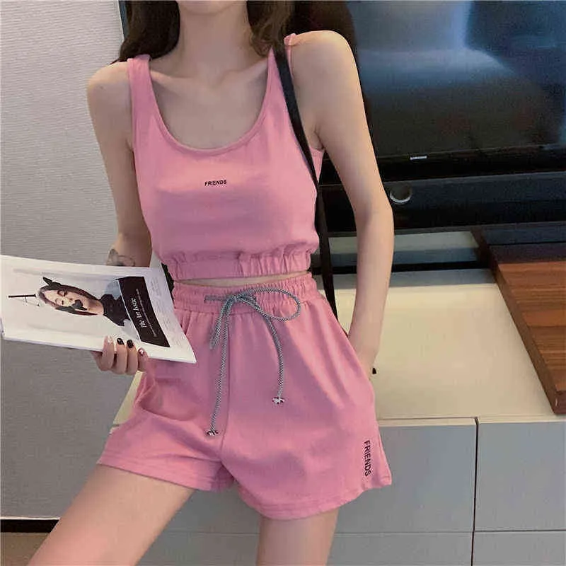 Suit with Shorts for Women Fashion Leisure Set with Shorts Women's Tracksuit Suit for Fitness Vest Shorts Two-piece 2022 Summer Y220311