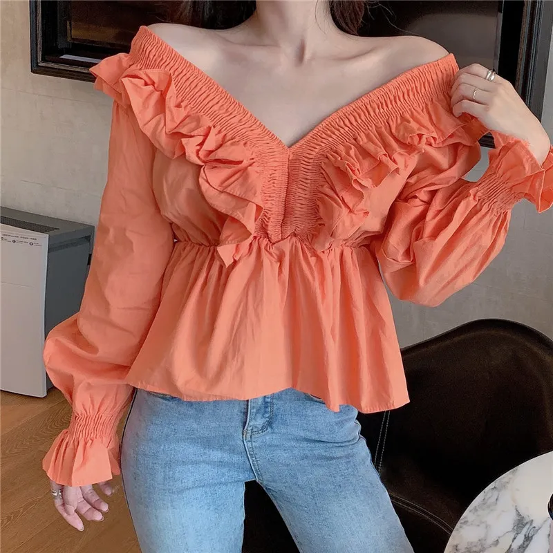 Gagaok Women Sweet Short Blouse Spring Autumn Vneck Fneck Flare Sleeve Cruffles Slim Chic Wild Fansle Shirt 210401