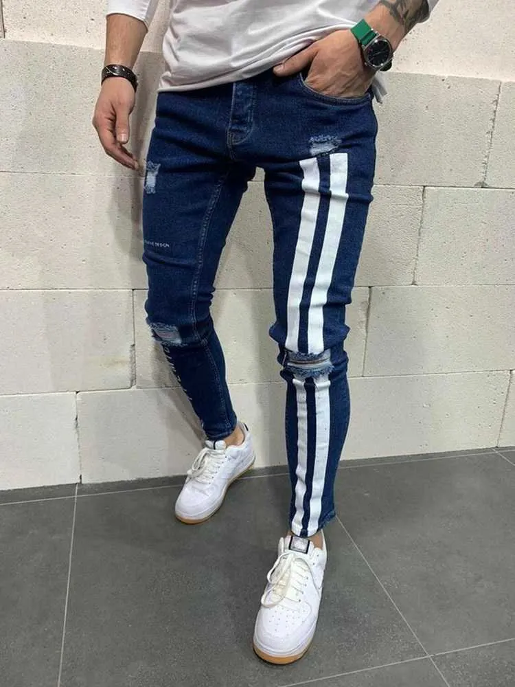 2021 jeans homens magro rasgado jeans stripe impressão homens calças calças jeans casuais casuais fino verão calças jeans cinta cowboys slim x0621