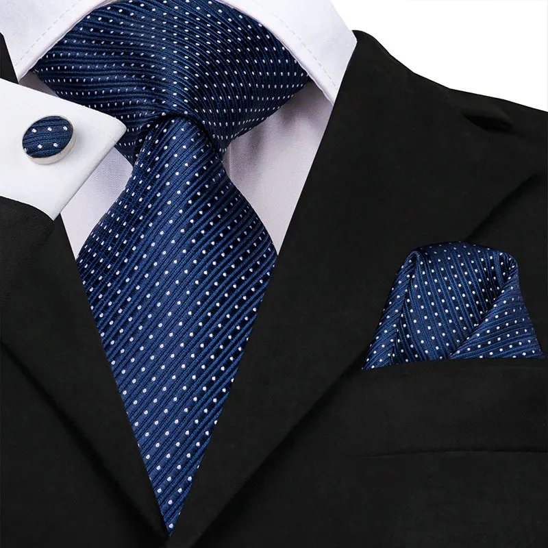 Necktie Handkerchief Set Classic Solid Gift Woven Wedding Party Silk Pocket Square Navy Blue Tie For Men