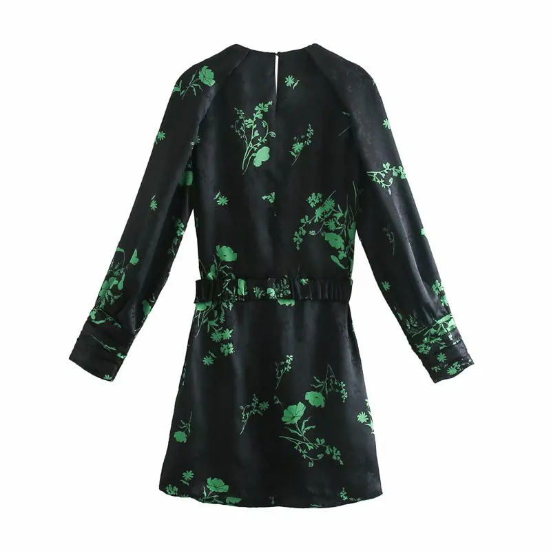 Fashion Black Jacquard Mini Dresses for Women Spring Green Print Short Dress Woman Long Draped Sleeve Vestidos Belt 210430