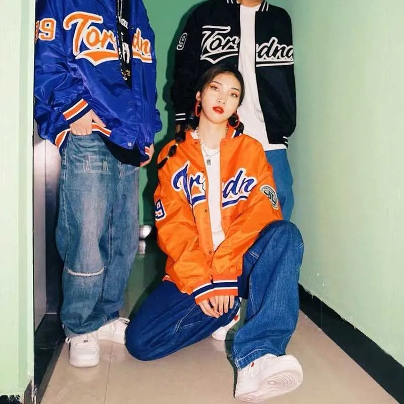 Американские ретро куртки пальто женская улица хип-хоп вышивка бейсбольная форма Y2K пара плюс размер повседневной свободной куртки 211014