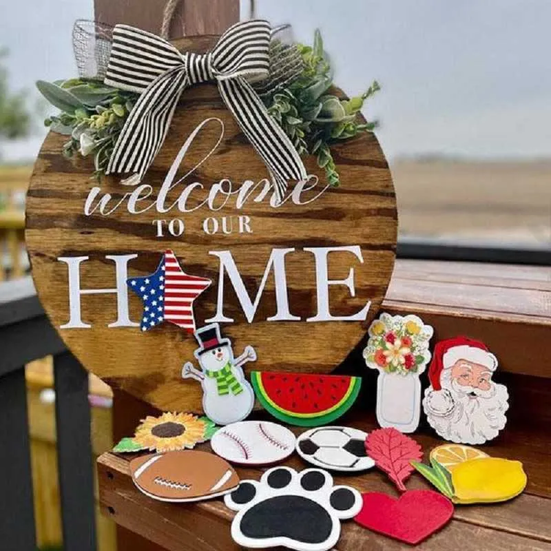 Holzbrett, runder Kranz zum Aufhängen, saisonales Schild „Willkommen in unserem Zuhause“, Schild für die Haustür, austauschbare Anhänger zur Begrüßung, Q0812