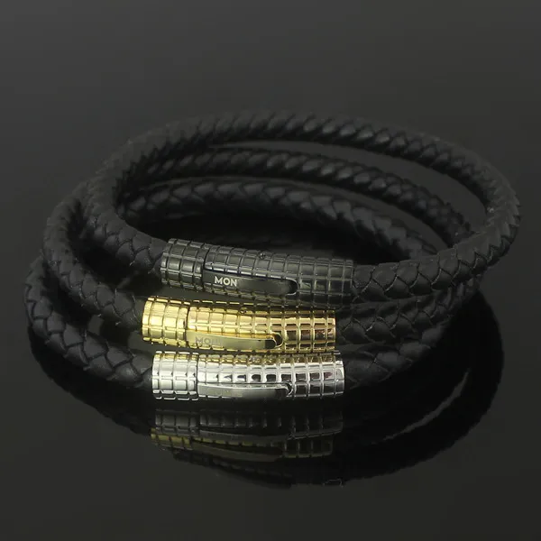 Herren-Armband aus Edelstahl, Netzkabel, Druckknopf, Magnetverschluss, Leder
