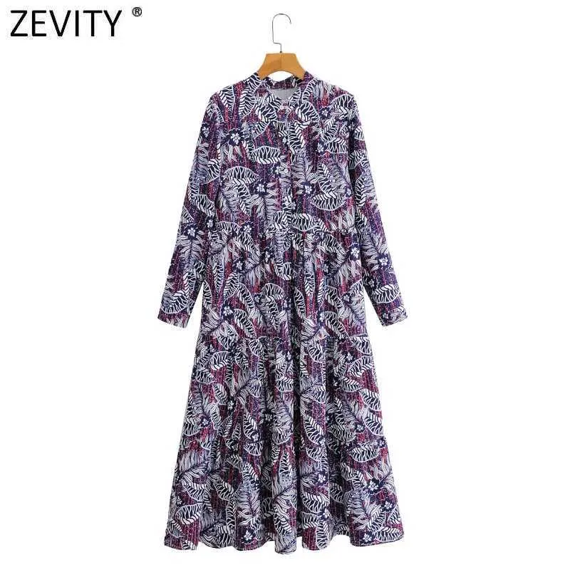 Zevity Femmes Vintage O Cou Plis Feuilles Tropicales Imprimer Casual Robe Midi Lâche Femme Rétro Patchwork Chic Robe DS4678 210603