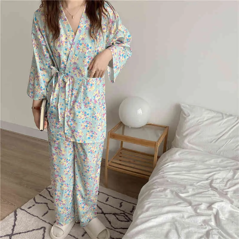 Chic Mint Printing Casual Florals Bomull Sexig Sommar Pajamas Söt Nightwear Homewear Loose Two Piece Suit Sets 210525
