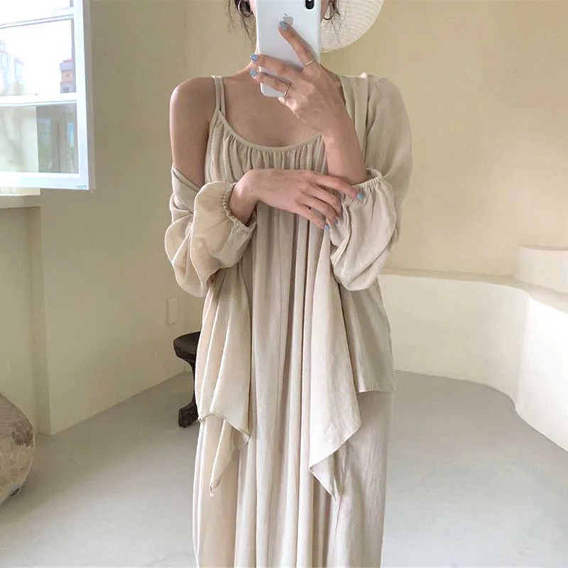 Korejpaa Women Sets Summer Korean Chic Ladies French Simple Leaky Clavicle Fold Sling Dress Loose Sunscreen Shirt Suits 210526