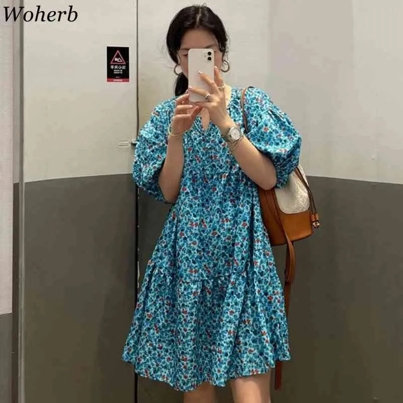 Koreański elegancki słodki niebieski kwiecisty mini letnia sukienka kobiety panie krótkie rękaw puff rocznika sukienki dorywczo vestidos 210519