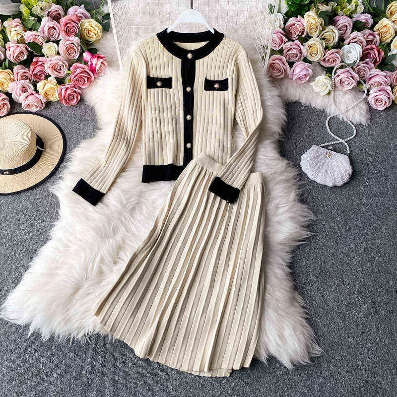 High Quality Spring Fall Knit Set Women Office Lady Single Breasted Sweater Cardigan + Pleated Long Skirt Suit Sets 211109