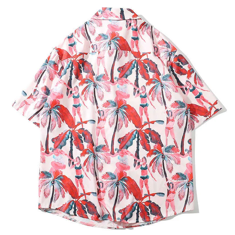 Mens Hawaiian Shirt Pink Bikini Girl Coconut Print Brand Loose Light Short Sleeve Beach Shirts For Men 210527