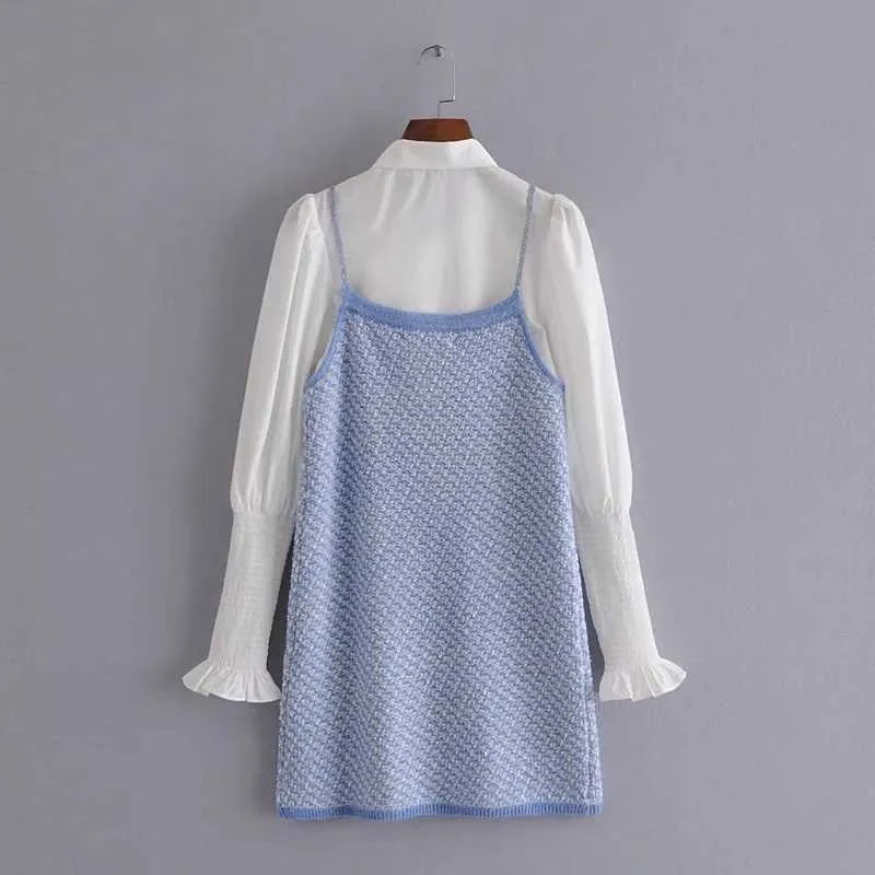 Za Женщины сладкие моды пэчворк Проверка Tweed Tweed Рубашка с длинным рукавом и подвесной юбка Два поддельных платья 210602