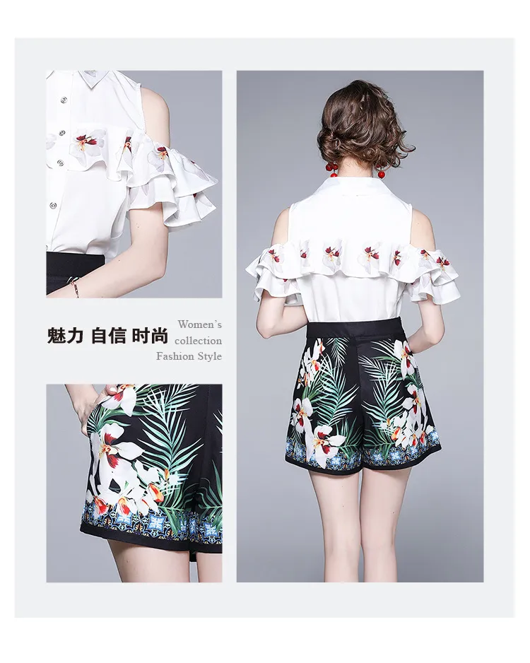 Summer Women Print Short Suit Dew shoulder Patchwork Ruffles Blouse Shirts Top + Hight Waist Short Sets Ladies Set 210514