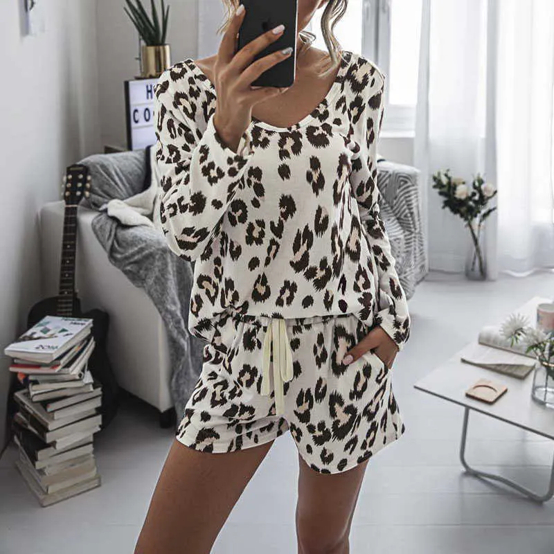 Höst blommig tryck pyjama set kvinnor kostym lounge slitage loungewear hem långärmad leopard homewear sleepwear 210809