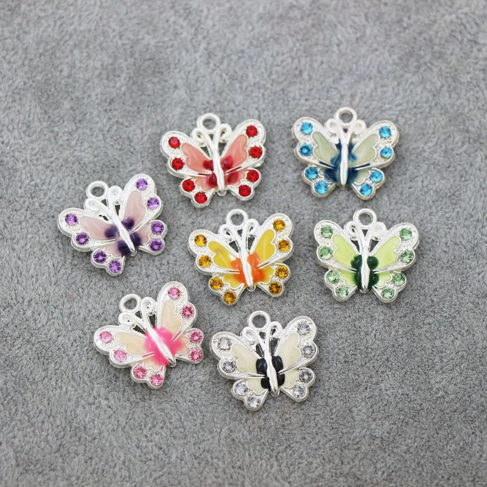 Silver Plated Enamel Butterfly Rhinestone Crystal Charm Beads Pendants Jewelry Findings & Components L1559 lot226Z