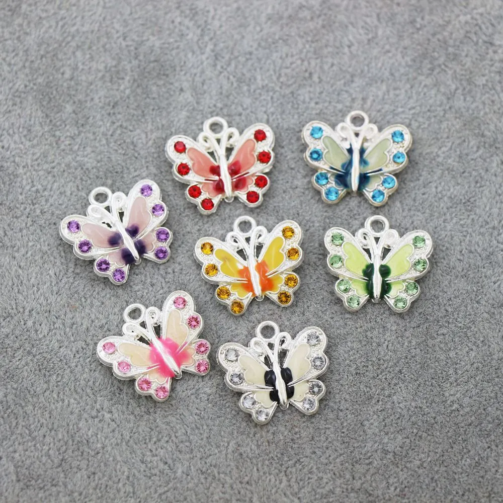 Versilberte Emaille-Schmetterlings-Strass-Kristall-Charm-Perlen, 7 Farben, Anhänger, Schmuckzubehör, Komponenten, L1559, 56 Stück, Lot226Z