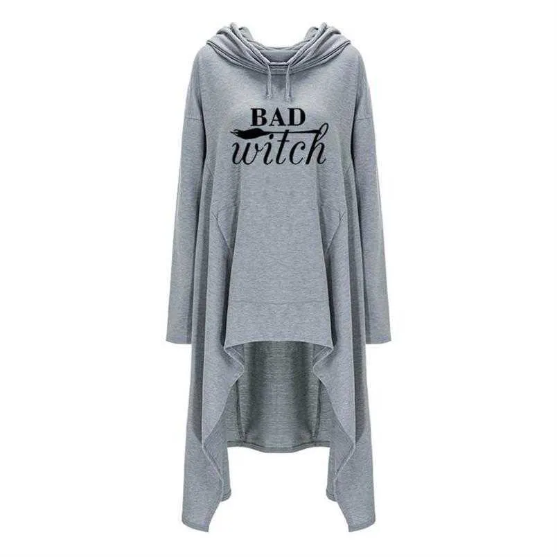 Women hoodies Long Irregular bad witch Tops Kawaii Femmes Sweatshirts Pattern Funny Cotton Cropped Oversize Hoodies dress 210820