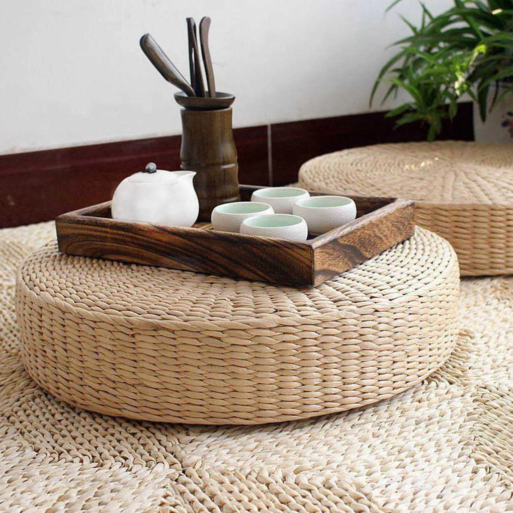 Cuscino da pavimento Cuscino di paglia rotondo ecologico Cuscino da pavimento in tatami intrecciato a mano Tappetino da meditazione cerimonia del tè Yoga 210716