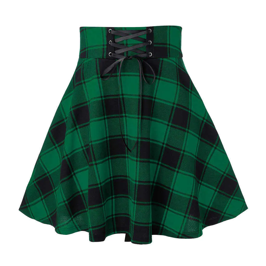 Gótico saia mulheres primavera verão streetwear cintura alta lace-up curto xadrez verde saias de lã mini tutu femme punk clubwear 210604