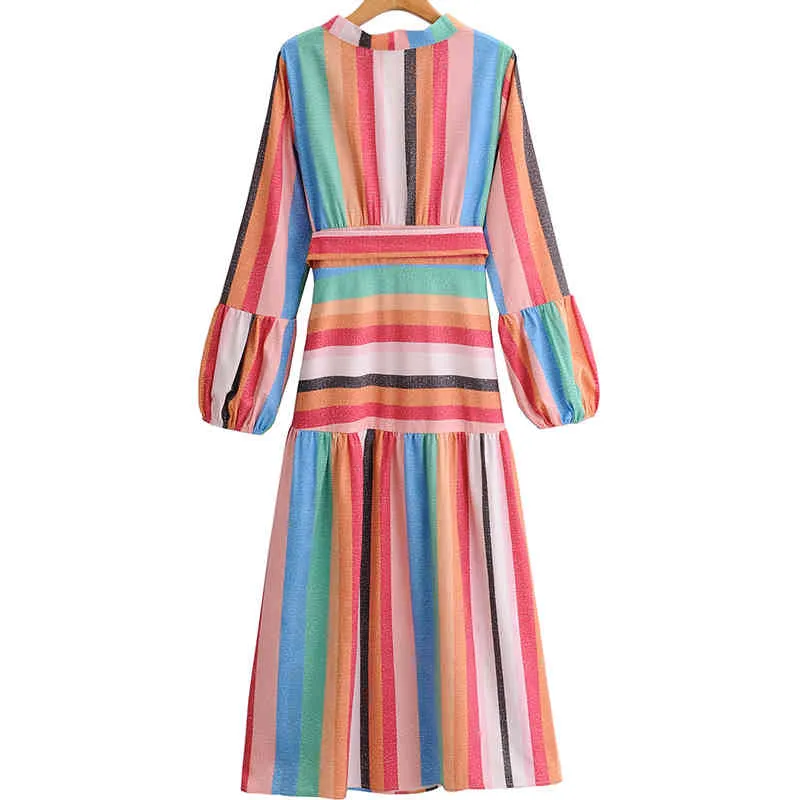 Women Vintage Striped Summer Dress Long Sleeve V-Neck Sashes Bow Tie A-Line es Female Elegant Street Mid-Calf 210513