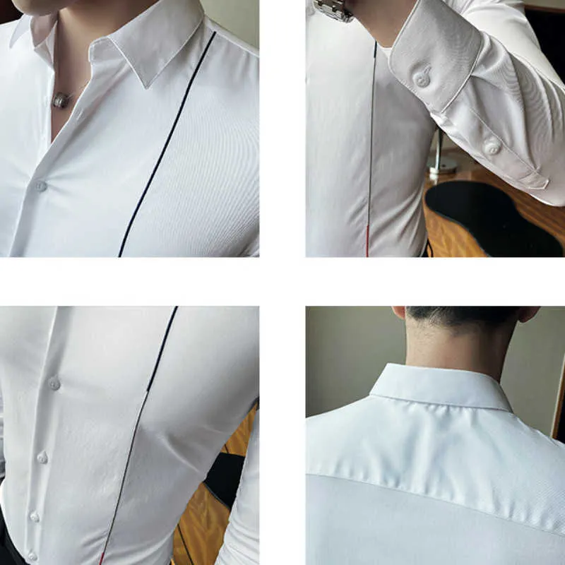 Automne ligne brodé hommes Chemise coréenne mince à manches longues Chemise décontractée homme affaires robe hauts Streetwear Chemise Homme 210527