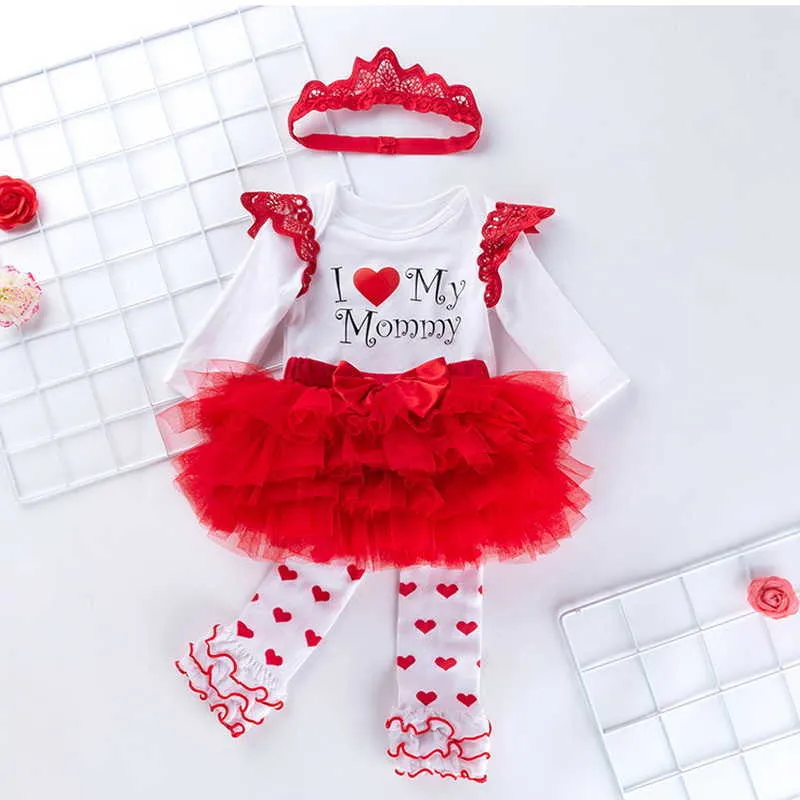 Sommar Baby Girls 4-PCs Sets Love Heart Long T-shirt + Tutu Skirt HeadwearSocks Outfits Barn Jumpsuit E5030 210610