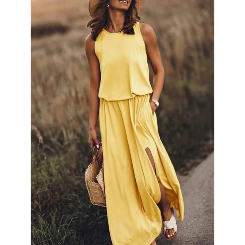 女性のドレススプリットノースリーブセクシーなドレスプラスサイズの黄色い青い夏の長い服装ファッション210513