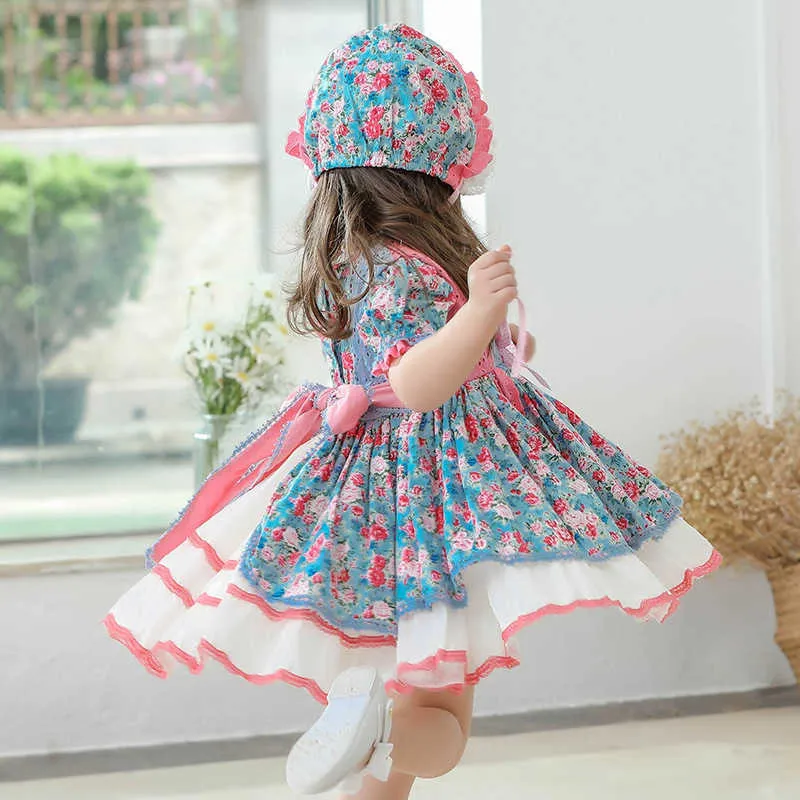 2 шт. Ребёнка без рукавов испанская принцесса бальное платье цветочная лолита платье для девочек пасхальный день рождения вечеринка Flocks Whit Hat 210615